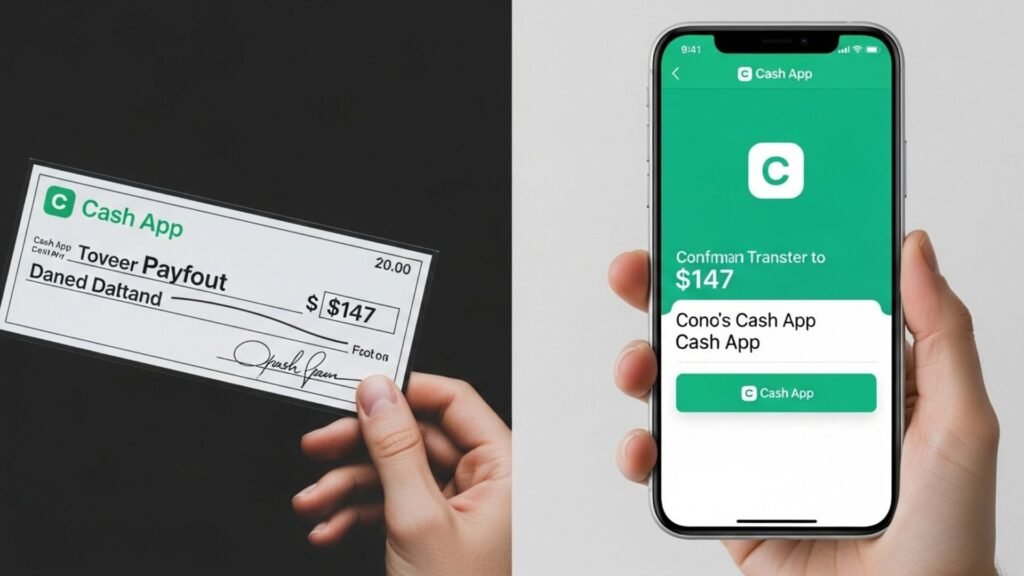 A person holds a check in one hand and a phone displaying a green checkmark in the other hand.